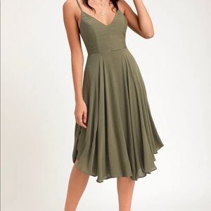 Truolos Olive Green Lace-up Midi Dress